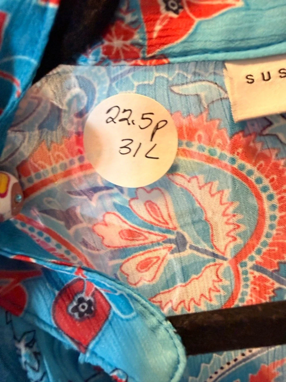 Susan Graver Boho Paisley Tunic Blouse Size M Sheer Flowy Blue Coral Resort Top